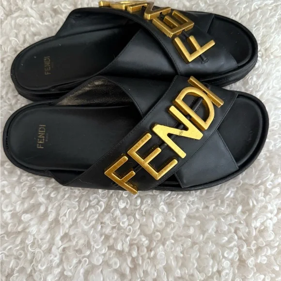 Fendi Black Leather Slides with Gold Logo Hardware - Picture 4 of 7